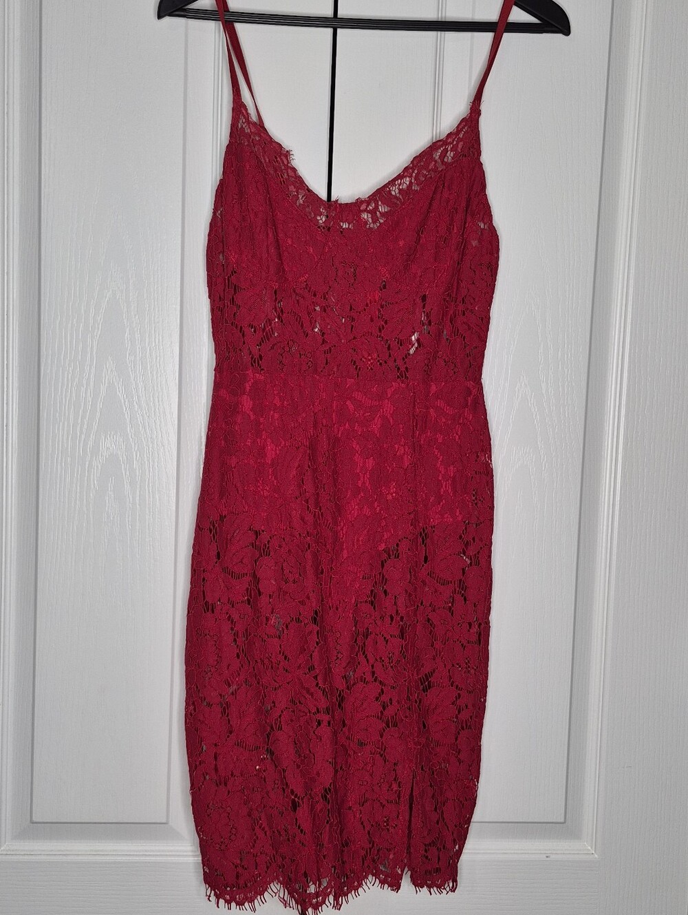 Fashion Nova Bodycon Dress Women's Sz M Red Lace Spaghetti Strap Side Slit